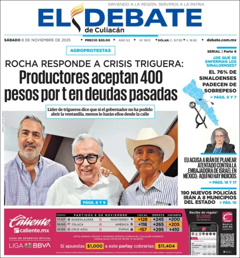 Portada de El Debate de Culiacan del sábado, 8 de noviembre de 2025