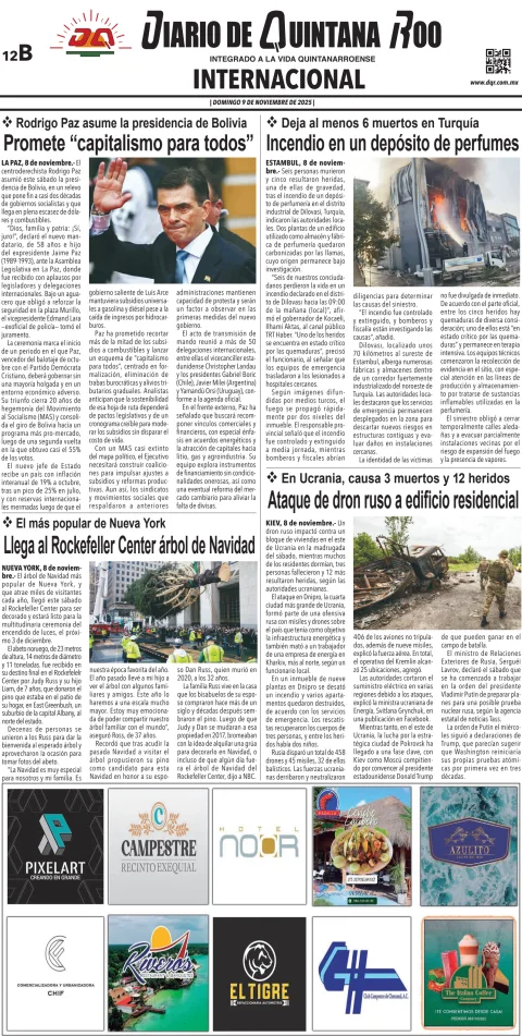 Portada de Diario de Quintana Roo (contra Portada) del domingo, 9 de noviembre de 2025
