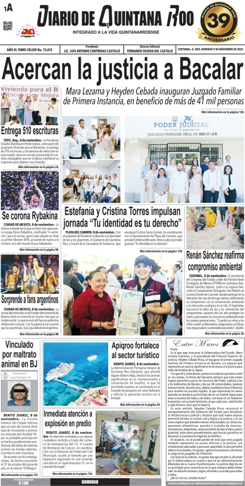 Portada de Diario de Quintana Roo (portada) del domingo, 9 de noviembre de 2025