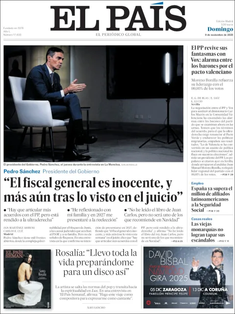 Portada de El Pais del domingo, 9 de noviembre de 2025