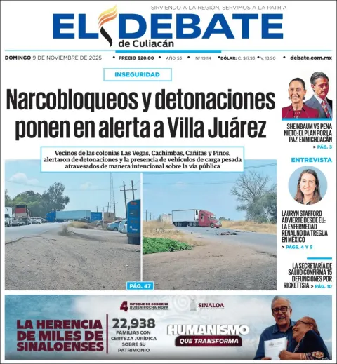 Portada de El Debate de Culiacan del domingo, 9 de noviembre de 2025
