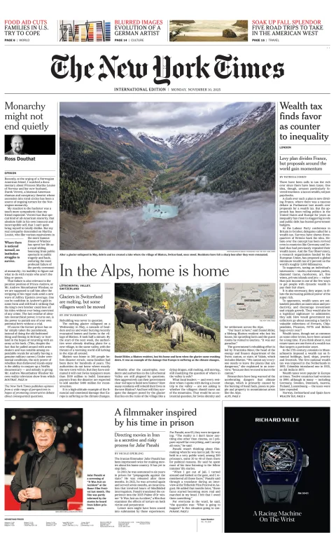 Portada de The New York Times (international) del lunes, 10 de noviembre de 2025