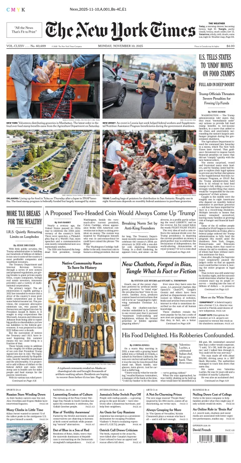 Portada de The New York Times (new York) del lunes, 10 de noviembre de 2025