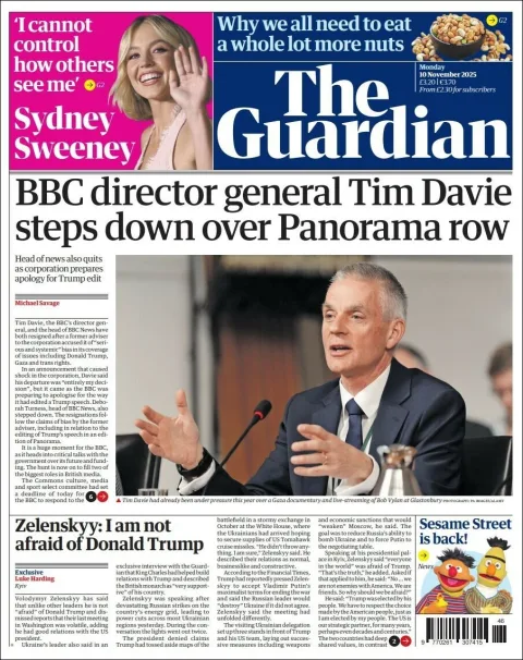 Portada de The Guardian (reino Unido) del lunes, 10 de noviembre de 2025