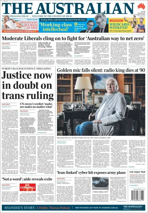 Portada de The Australian del lunes, 10 de noviembre de 2025