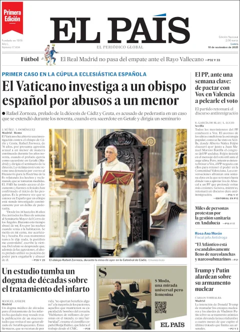 Portada de El Pais del lunes, 10 de noviembre de 2025