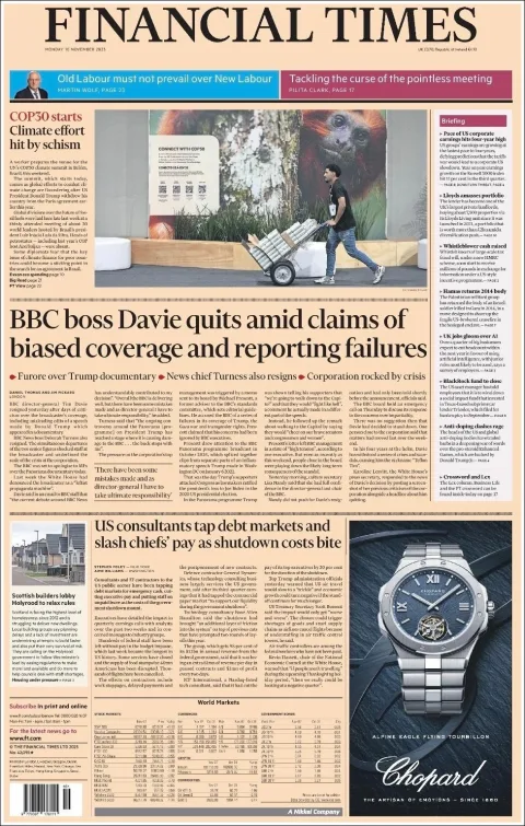 Portada de Financial Times del lunes, 10 de noviembre de 2025