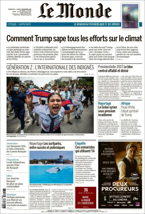 Portada de Le Monde del lunes, 10 de noviembre de 2025