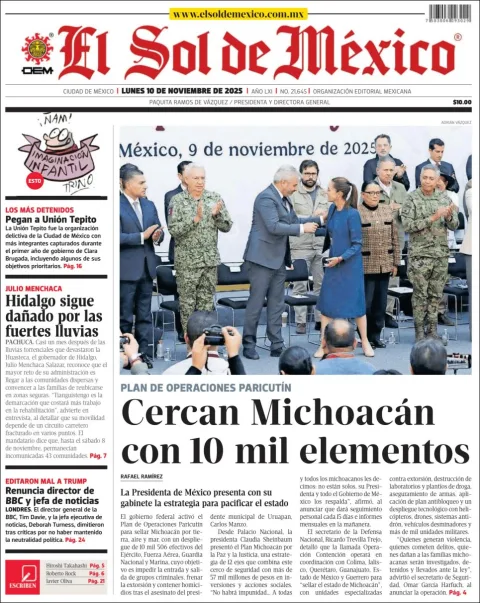 Portada de El Sol de Mexico del lunes, 10 de noviembre de 2025