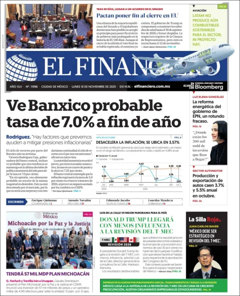 Portada de El Financiero del lunes, 10 de noviembre de 2025