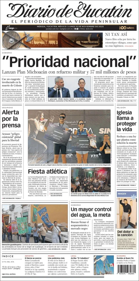 Portada de Diario de Yucatán del lunes, 10 de noviembre de 2025