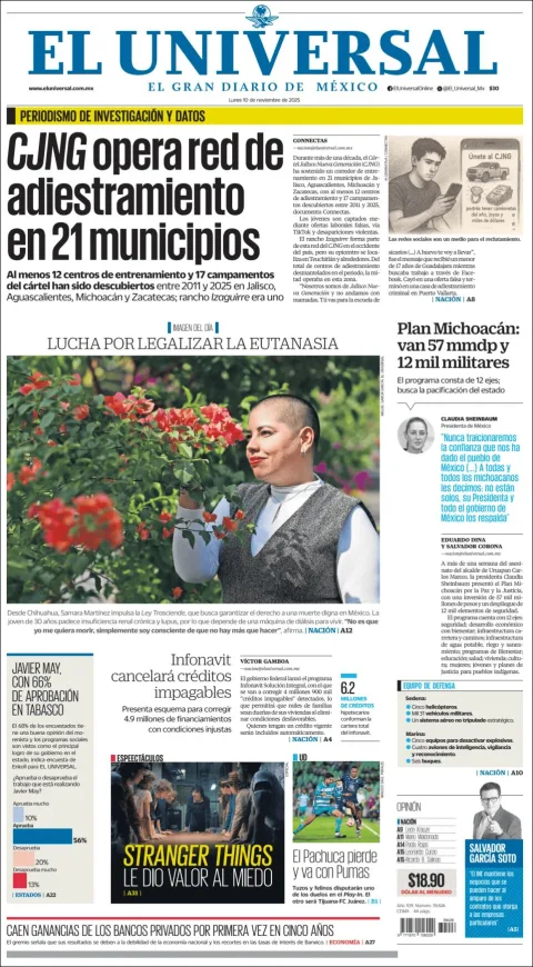 Portada de El Universal del lunes, 10 de noviembre de 2025