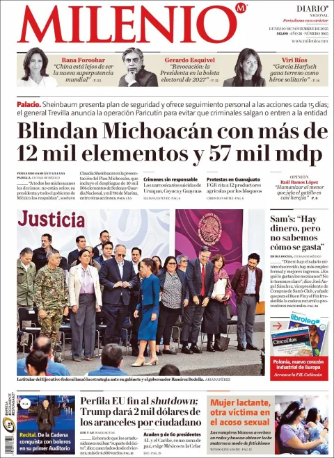 Portada de Milenio del lunes, 10 de noviembre de 2025
