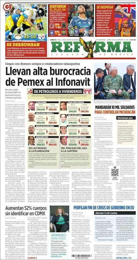 Portada de Reforma del lunes, 10 de noviembre de 2025