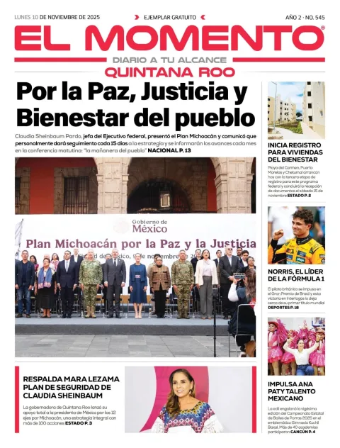 Portada de El Momento Quintana Roo del lunes, 10 de noviembre de 2025