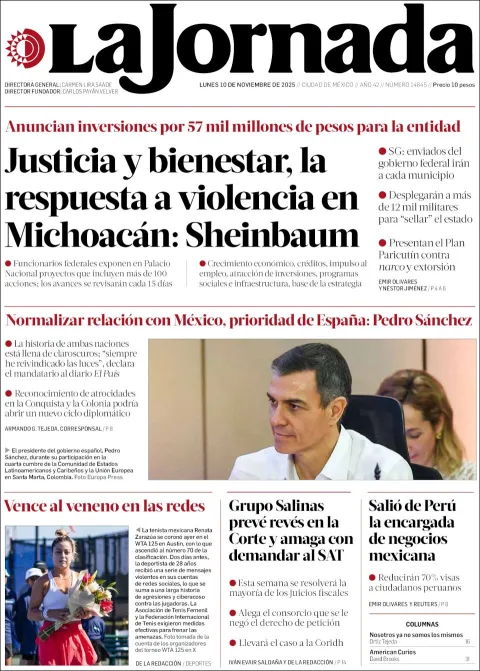 Portada de La Jornada del lunes, 10 de noviembre de 2025
