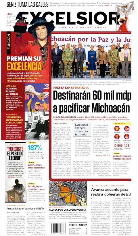 Portada de Excelsior del lunes, 10 de noviembre de 2025
