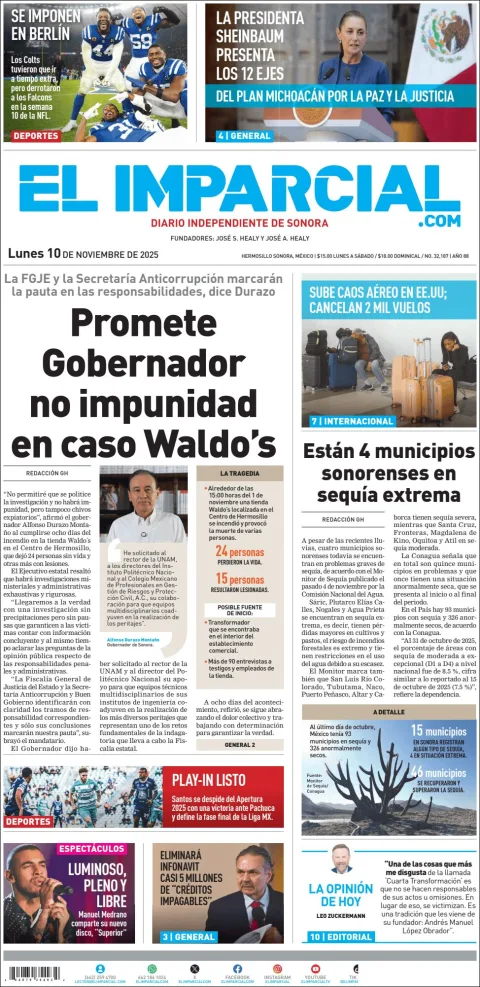 Portada de El Imparcial del lunes, 10 de noviembre de 2025