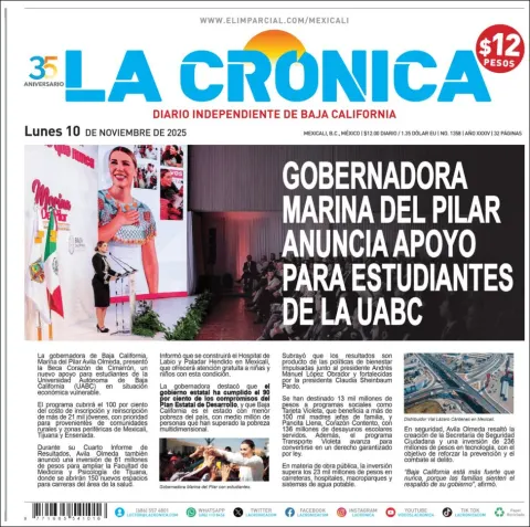 Portada de La Cronica del lunes, 10 de noviembre de 2025