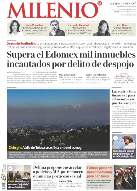 Portada de Milenio Edo de Mexico del lunes, 10 de noviembre de 2025
