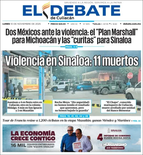 Portada de El Debate de Culiacan del lunes, 10 de noviembre de 2025