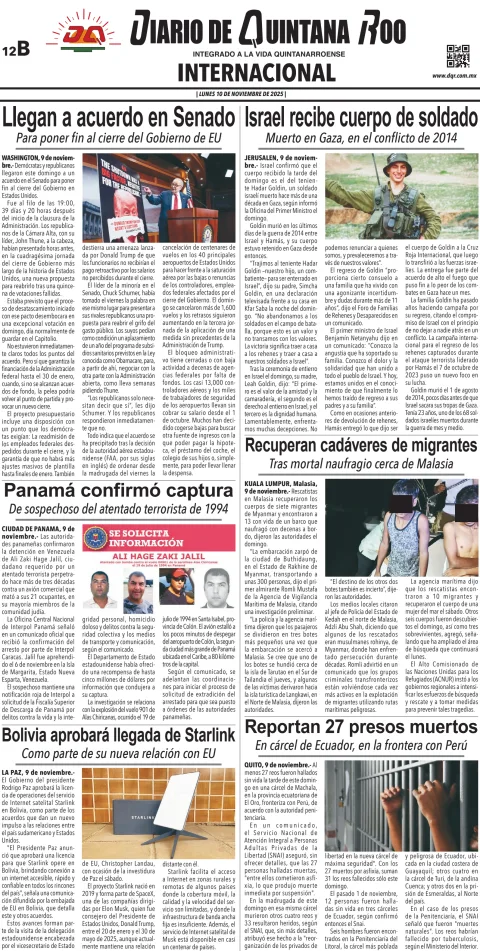 Portada de Diario de Quintana Roo (contra Portada) del lunes, 10 de noviembre de 2025