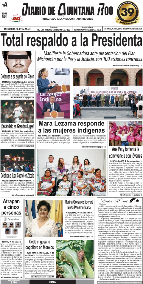 Portada de Diario de Quintana Roo (portada) del lunes, 10 de noviembre de 2025