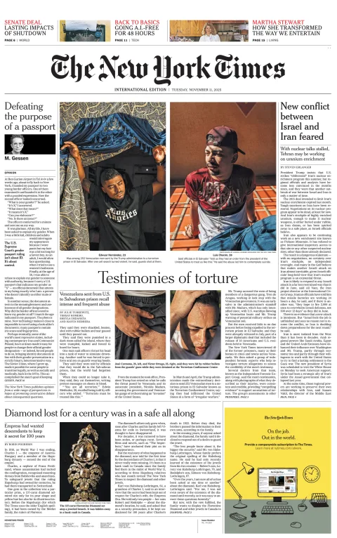 Portada de The New York Times (international) del martes, 11 de noviembre de 2025
