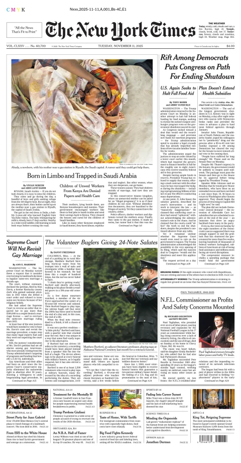 Portada de The New York Times (new York) del martes, 11 de noviembre de 2025