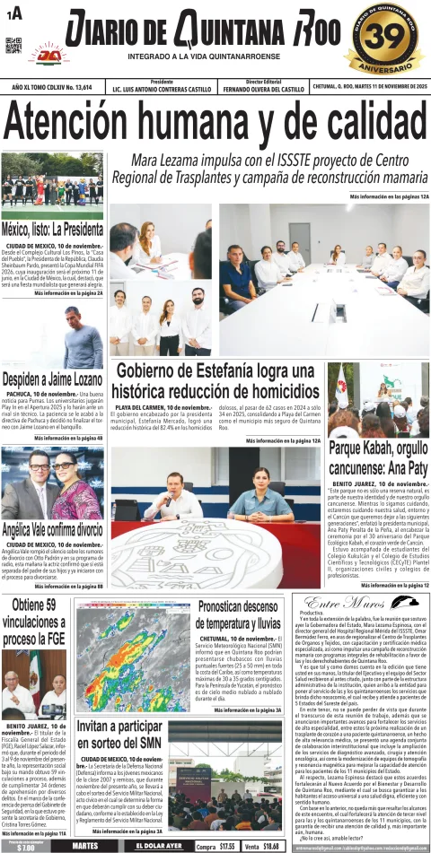 Portada de Diario de Quintana Roo (portada) del martes, 11 de noviembre de 2025