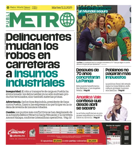Portada de Publimetro Puebla del martes, 11 de noviembre de 2025