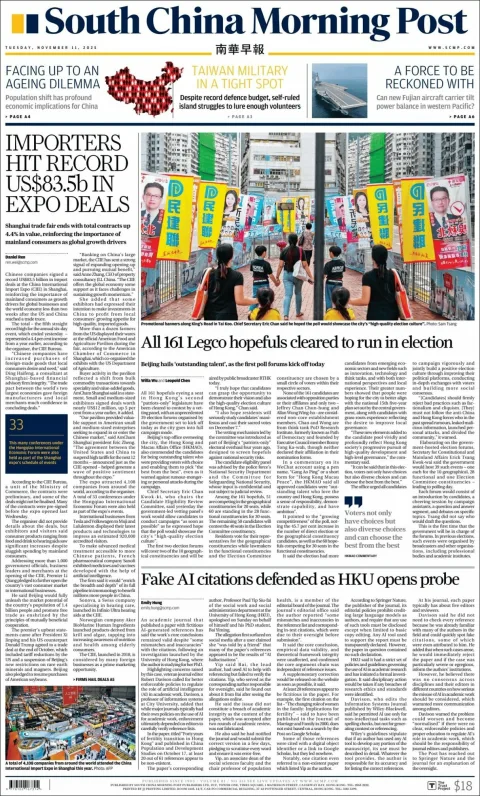 Portada de South China Morning Post del martes, 11 de noviembre de 2025