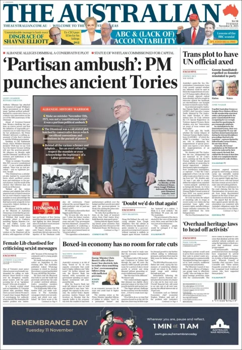 Portada de The Australian del martes, 11 de noviembre de 2025