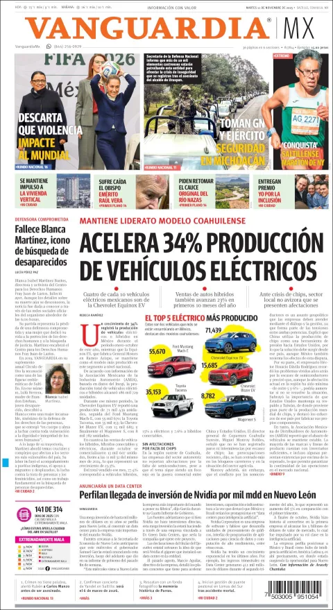 Portada de Vanguardia del martes, 11 de noviembre de 2025