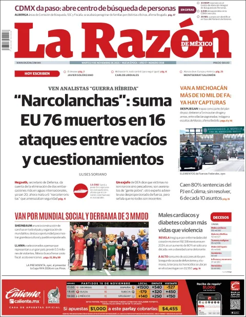 Portada de La Razon del martes, 11 de noviembre de 2025