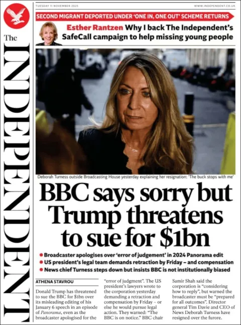 Portada de The Independent del martes, 11 de noviembre de 2025