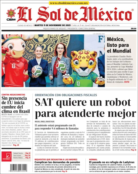 Portada de El Sol de Mexico del martes, 11 de noviembre de 2025