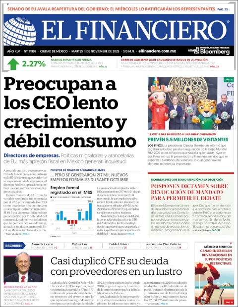 Portada de El Financiero del martes, 11 de noviembre de 2025