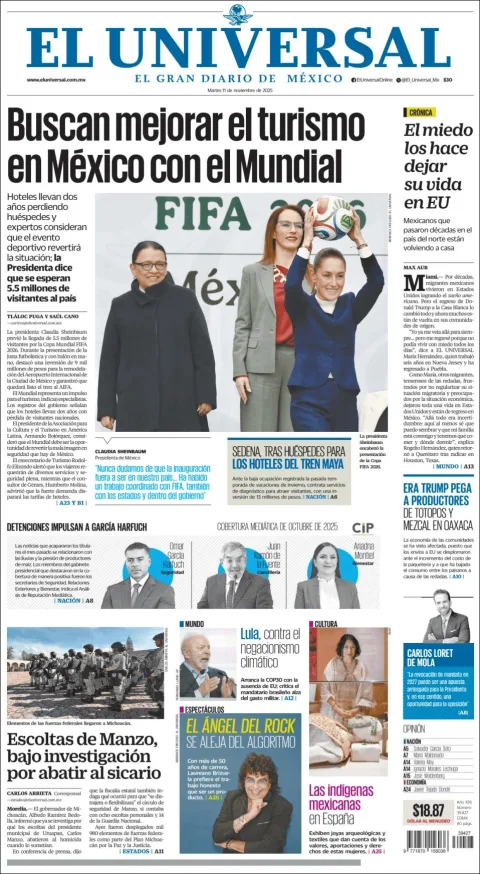 Portada de El Universal del martes, 11 de noviembre de 2025