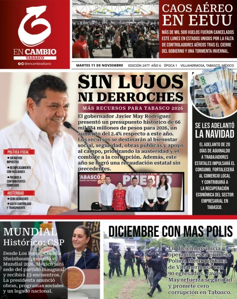 Portada de En Cambio - Tabasco (portada) del martes, 11 de noviembre de 2025