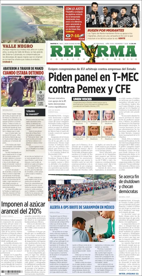 Portada de Reforma del martes, 11 de noviembre de 2025