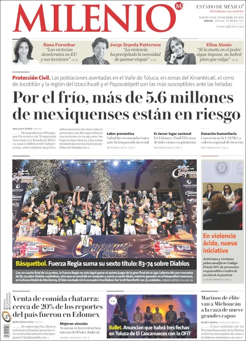 Portada de Milenio Edo de Mexico del martes, 11 de noviembre de 2025