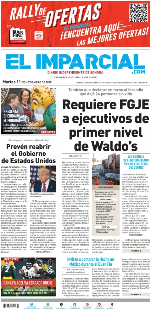 Portada de El Imparcial del martes, 11 de noviembre de 2025