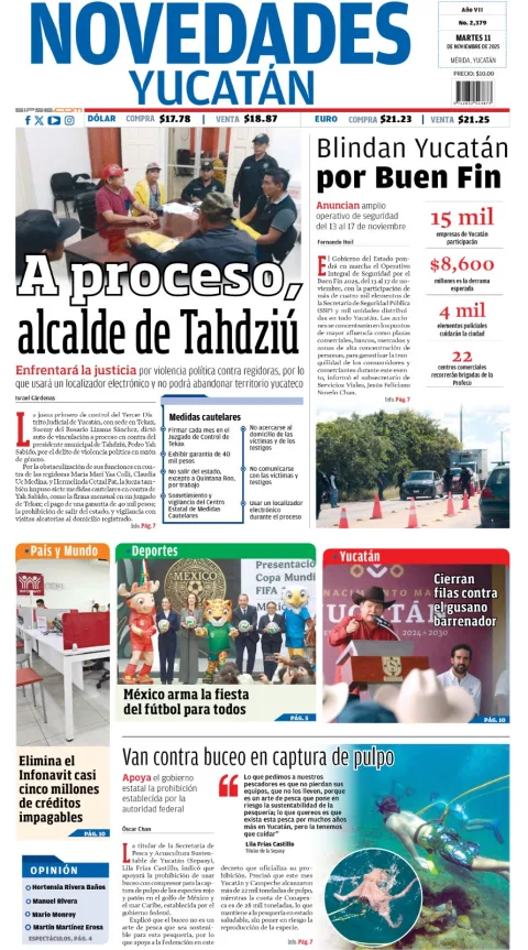 Portada de Novedades Yucatan del martes, 11 de noviembre de 2025