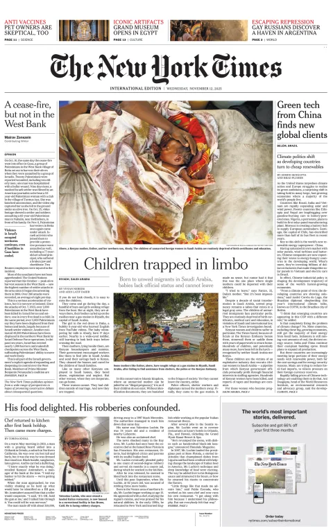 Portada de The New York Times (international) del miércoles, 12 de noviembre de 2025