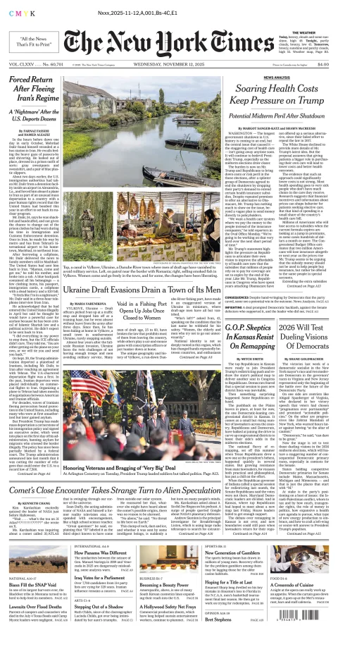 Portada de The New York Times (new York) del miércoles, 12 de noviembre de 2025