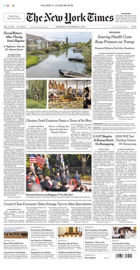 Portada de The New York Times (national) del miércoles, 12 de noviembre de 2025