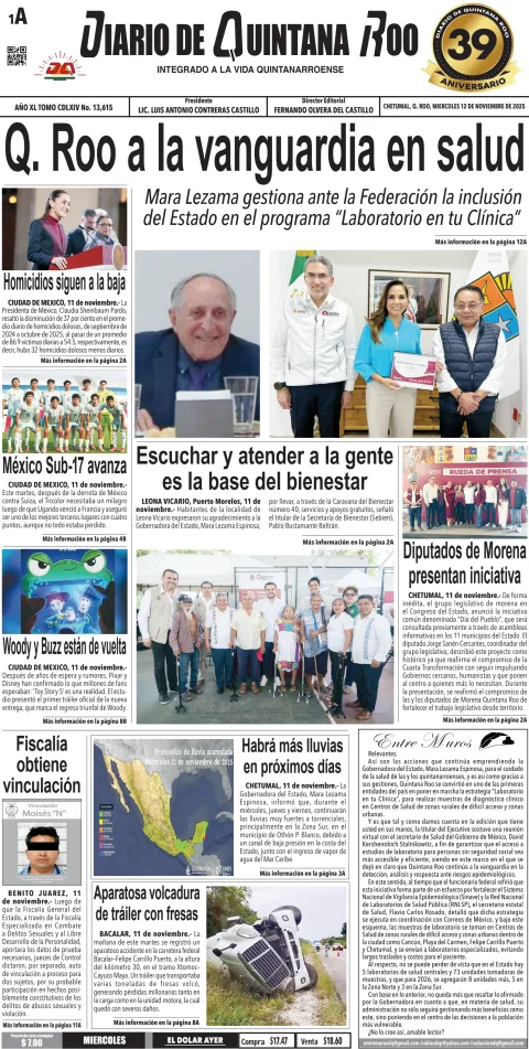 Portada de Diario de Quintana Roo (portada) del miércoles, 12 de noviembre de 2025
