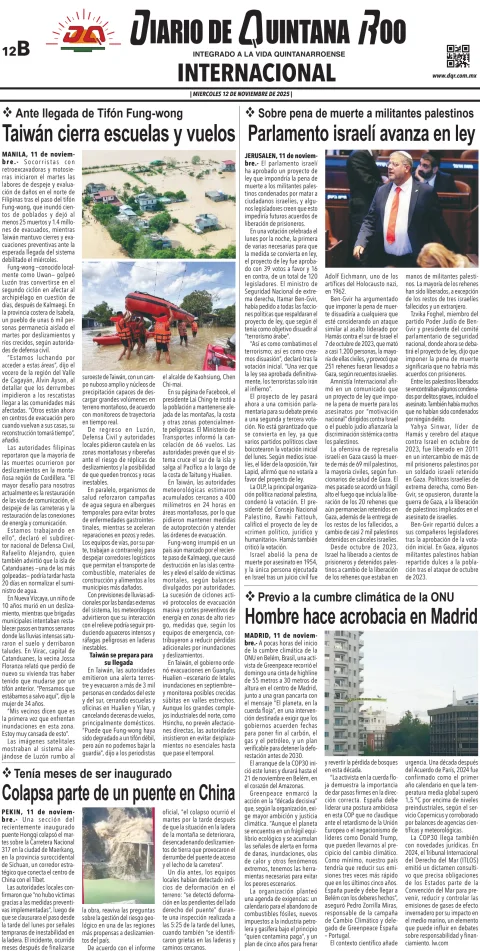Portada de Diario de Quintana Roo (contra Portada) del miércoles, 12 de noviembre de 2025