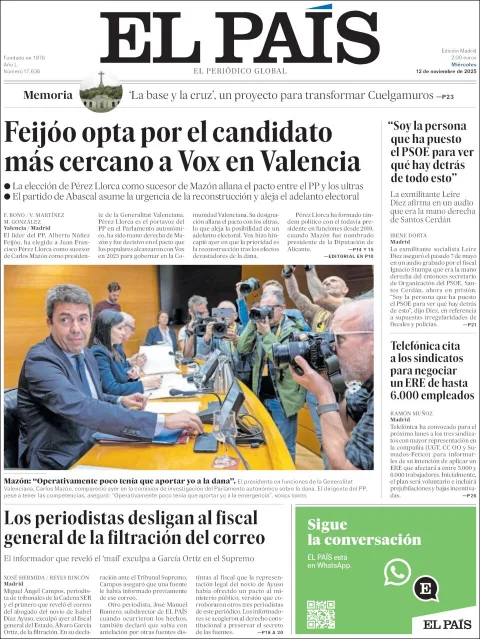 Portada de El Pais del miércoles, 12 de noviembre de 2025